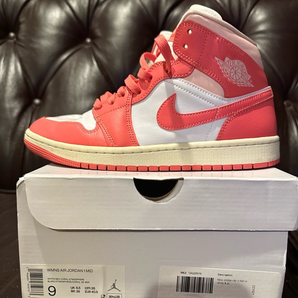 Nike Women's Air Jordan 1 Mid Sea Coral/White Sneakers - Picture 1 of 12